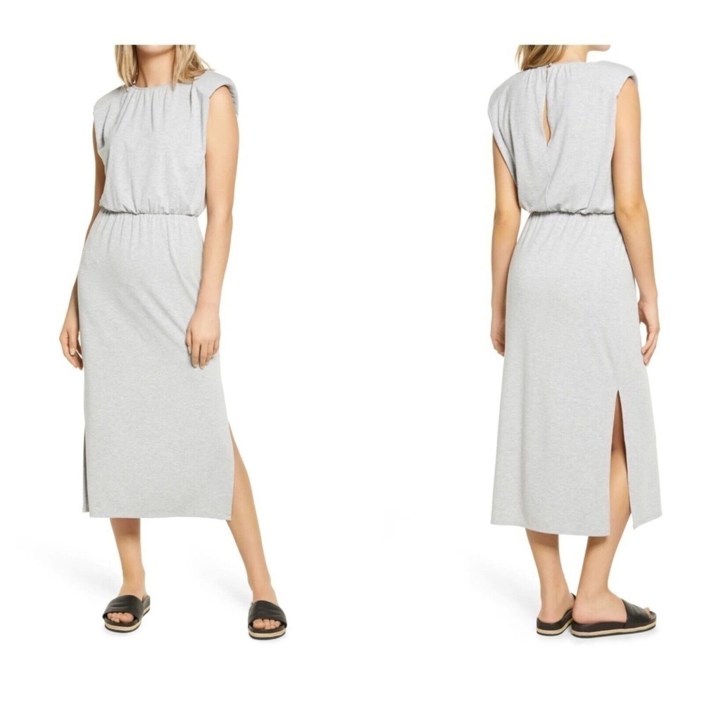 Wayf Nordstrom gray padded shoulder midi dress casual comfy soft stretch lounge